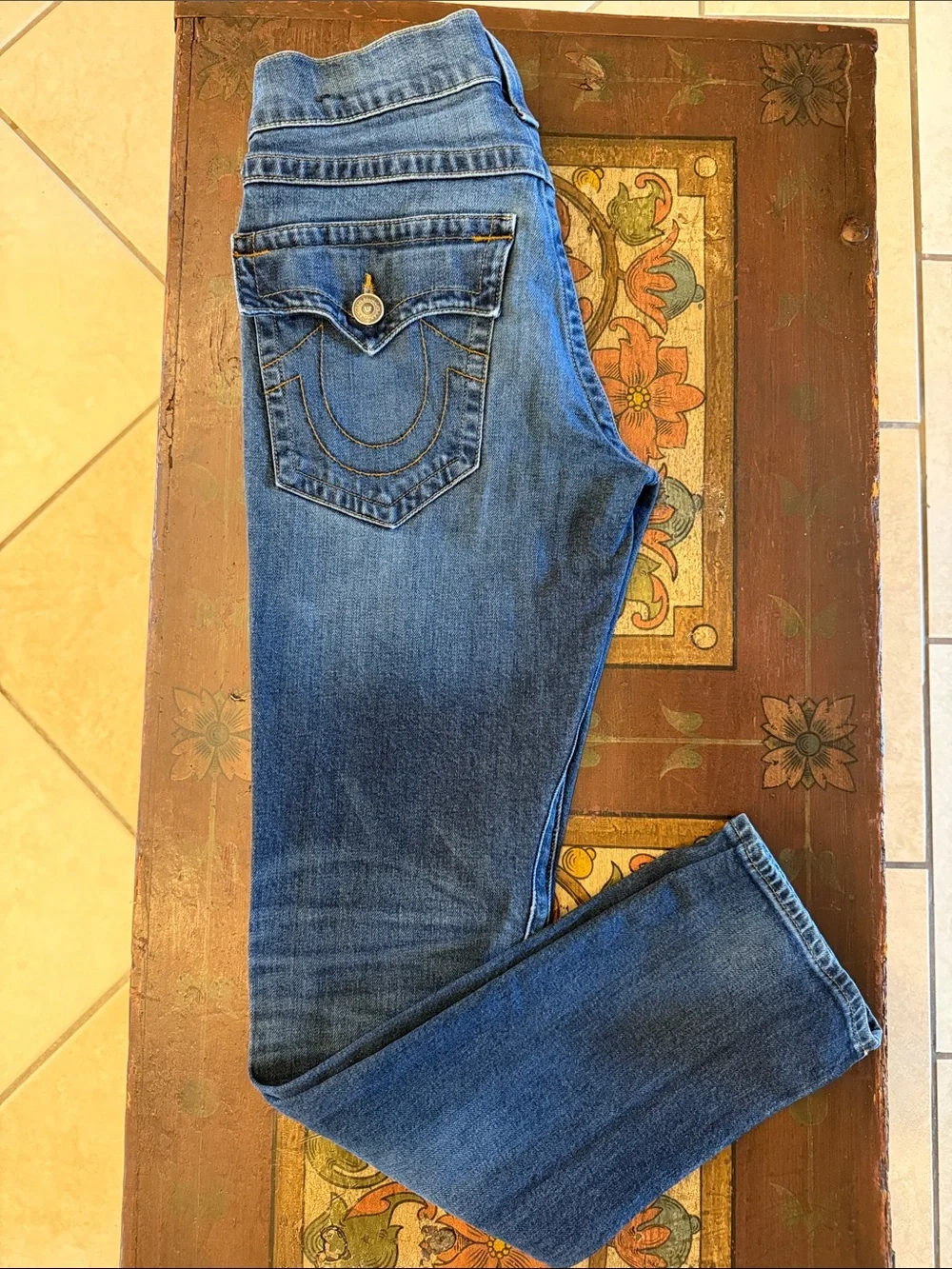 True Religion Men’s Medium Blue Skinny Jeans with Signature Pocket 29/32